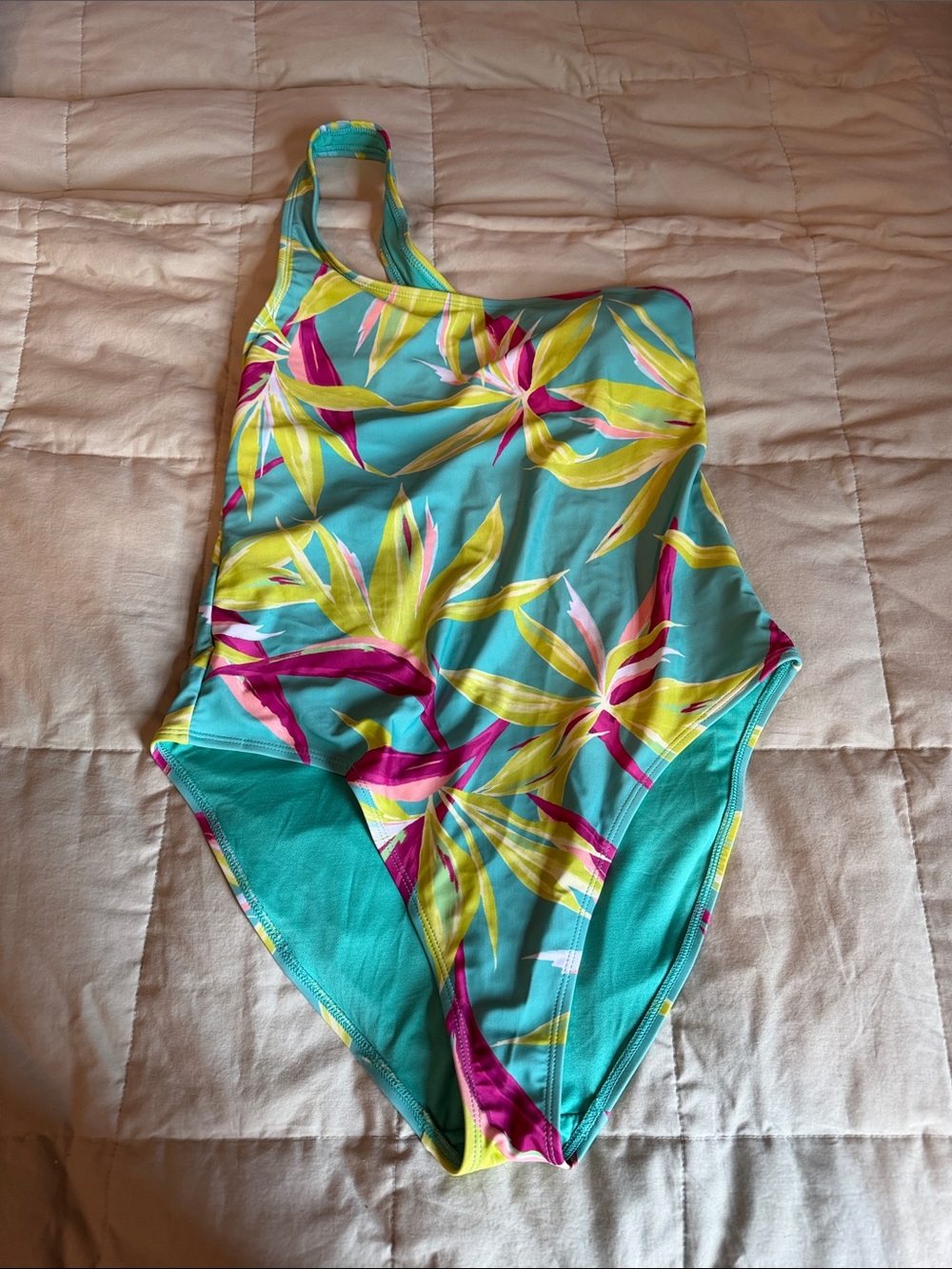Old Navy Turquoise One-Shoulder Tropical Leaf Swim One-Piece